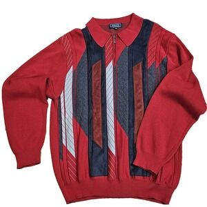 Vintage 90 2XL Red Geometric Mixed Media Sweater Suede Trim Korea 1/4 Zip Collar